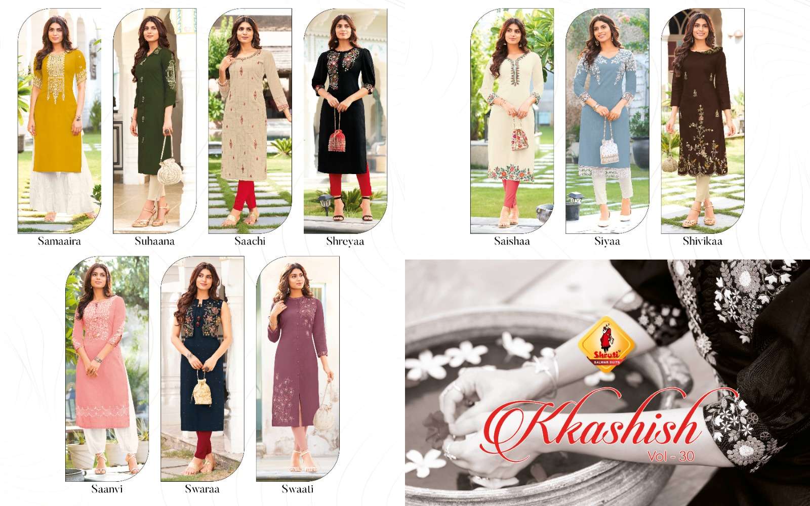 KKASHISH VOL 30  PURE COTTON LINEN WITH DIFFERENT TYPES OF STYLISH EMBROIDERY WORK KURTI BY SHRUTI SUITS BRAND INDEX